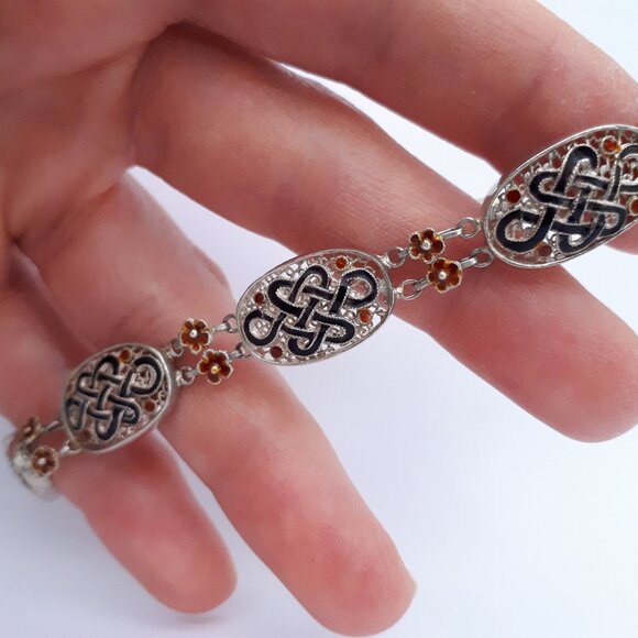 VINTAGE 925 Silver Filigree Lace Oval Link Bracelet with Black and Red Enamel - Picture 6 of 7